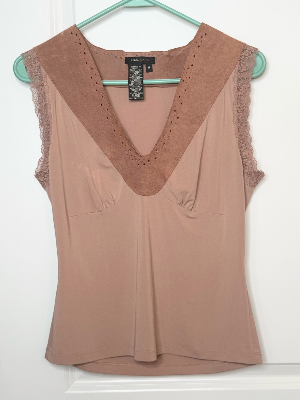 BCBG Max Azria Leather Trim Lace Sleeveless Blouse Top Women’s M Beige Boho
